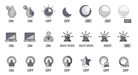Various on and off icons displayed on a white background in a grid pattern with labels below