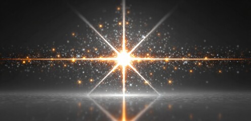 Brilliant golden starburst with sparkling glitter particles and bright light rays reflecting on a subtle gray background surface.