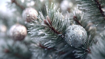 frosty pine branches with sparkling Christmas ornaments