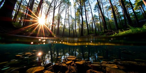 Sunbeams piercing through tall trees over clear water with visible riverbed rocks and aquatic life
