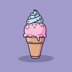 Cute Ice Cream Cone with Pink and Blue Scoops . Sweet Dessert Vector Illustration