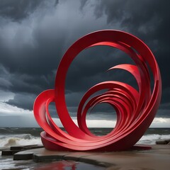 Large red abstract sculpture resembling swirling waves against a stormy sky and ocean