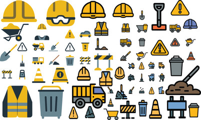 flat construction safety icon set, industrial work tools collection, helmet vest warning sign cone shovel truck barrier equipment, vector illustration design