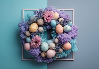 Pastel easter eggs, delicate flowers, and vibrant smoke-like clouds form a festive spring wreath within a decorative frame.
