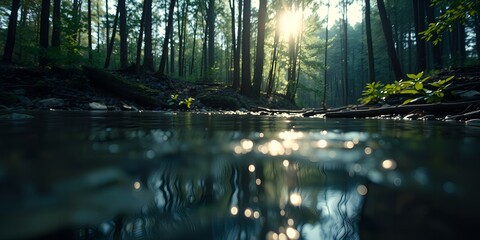Sunlight filtering through tall trees onto a clear stream with shimmering reflections