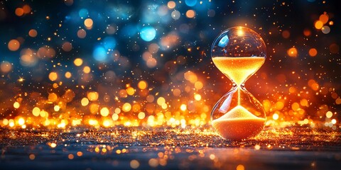 captivating hourglass with golden sand amidst sparkling lights and bokeh effect for time, elegance and celebration themes
