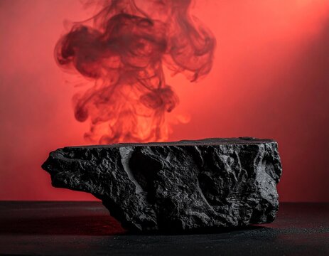 A powerful close-up of a smoldering black coal chunk releasing thick smoke against a fiery red background, symbolizing industrial energy and pollution