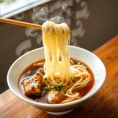 Hot steaming bowl of savory noodle soup with tender meat and fresh green onions Noodles