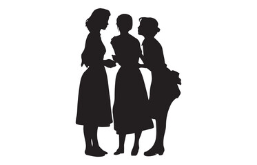 A silhouette of a comforting scene with three women sharing support. One woman embraces another, showing concern and empathy. The friendship and support among the women is highlighted. The distressed 