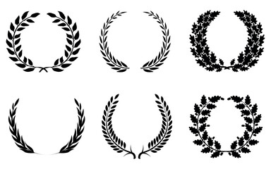 Elegant black laurel wreath collection representing victory, excellence, and honor, classic decorative award design symbolizing achievement, recognition, and traditional ceremonial success