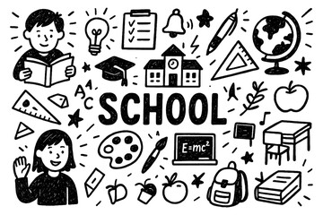 School doodle composition with students, books, and education supplies, Transparent Background