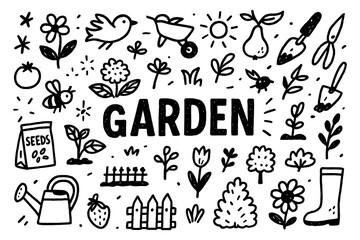 Garden doodle composition with gardener, flowers, plants, and gardening tools, Transparent Background