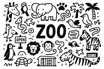 Zoo doodle composition with animals, birds, and wildlife park elements, Transparent Background