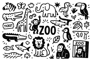 Zoo doodle composition with animals, birds, and wildlife park elements, Transparent Background