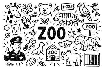 Zoo doodle composition with animals, birds, and wildlife park elements, Transparent Background