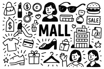 Mall doodle composition with shoppers, fashion items, and retail icons, Transparent Background