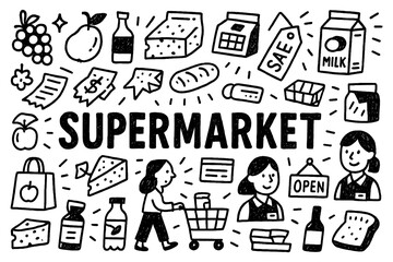 Supermarket doodle composition with shoppers, groceries, and food products, Transparent Background