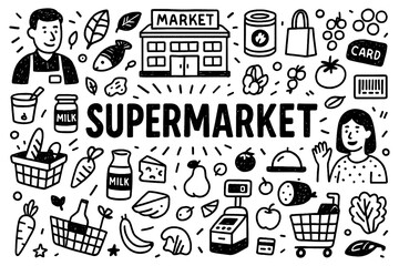 Supermarket doodle composition with shoppers, groceries, and food products, Transparent Background