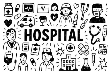 Hospital doodle composition with doctors, nurses, ambulance, and medical equipment, Transparent Background