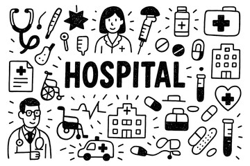 Hospital doodle composition with doctors, nurses, ambulance, and medical equipment, Transparent Background © FriskySloths