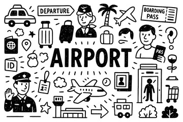 Obraz premium Airport doodle composition with airplanes, passengers, and security check icons, Transparent Background
