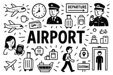 Airport doodle composition with airplanes, passengers, and security check icons, Transparent Background