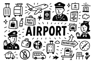 Airport doodle composition with airplanes, passengers, and security check icons, Transparent Background