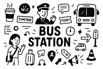 Bus station doodle composition with passengers, buses, tickets, and travel icons, Transparent Background