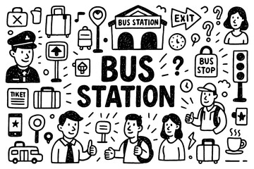 Bus station doodle composition with passengers, buses, tickets, and travel icons, Transparent Background