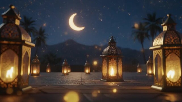 Traditional lanterns glowing warmly under a crescent moon at night, creating a peaceful and magical atmosphere with palm trees and mountains in the background.