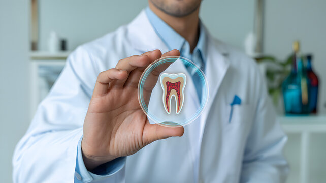 Professional dentist showcases healthy tooth anatomy with advanced digital visualization for dental care education and patient consultation