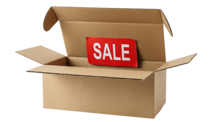 Open cardboard box with sale label concept of discounted products  isolated on a transparent background  