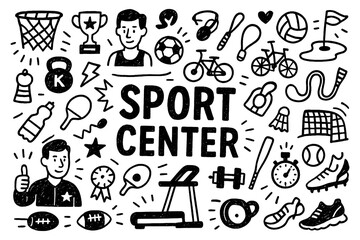 Sport center doodle composition with athletes, fitness equipment, and various sports icons, Transparent Background
