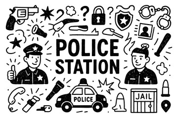 Police station doodle composition with officer, patrol car, and law enforcement symbols, Transparent Background