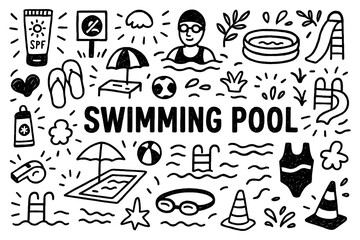 Swimming pool doodle composition with swimmers, float rings, and summer leisure icons, Transparent Background