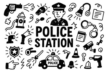 Police station doodle composition with officer, patrol car, and law enforcement symbols, Transparent Background © FriskySloths
