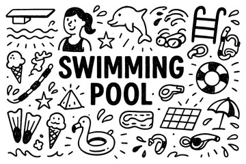 Swimming pool doodle composition with swimmers, float rings, and summer leisure icons, Transparent Background