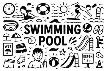 Swimming pool doodle composition with swimmers, float rings, and summer leisure icons, Transparent Background