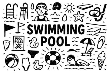 Swimming pool doodle composition with swimmers, float rings, and summer leisure icons, Transparent Background