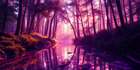 Sunbeams filter through purple trees onto a reflective forest stream with rocks and foliage