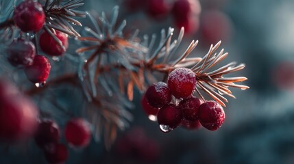 frozen berries and pine branches macro,