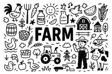 Obraz premium Farm doodle composition with farmer, animals, tractor, and crops, Transparent Background