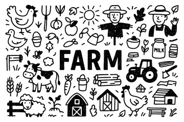 Farm doodle composition with farmer, animals, tractor, and crops, Transparent Background