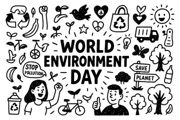 World Environment Day doodle composition with trees, recycling, and eco-friendly lifestyle icons, Transparent Background