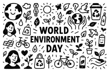 World Environment Day doodle composition with trees, recycling, and eco-friendly lifestyle icons, Transparent Background