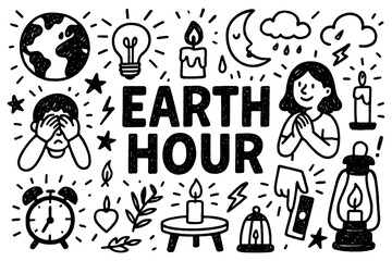 Earth Hour doodle composition with candles, planet earth, and environmental awareness icons, Transparent Background
