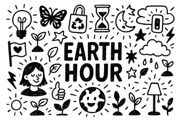 Earth Hour doodle composition with candles, planet earth, and environmental awareness icons, Transparent Background