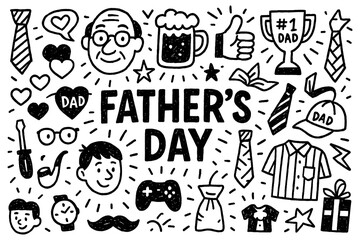 Father’s Day doodle composition with dads, ties, tools, and celebration icons, Transparent Background