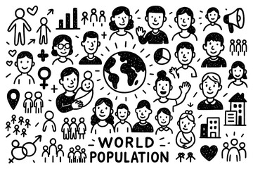 World Population Day doodle composition with diverse families, globe, and community symbols, Transparent Background