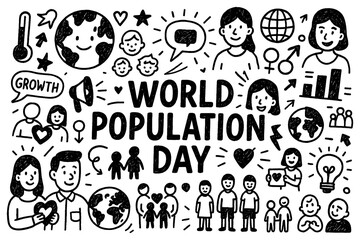 World Population Day doodle composition with diverse families, globe, and community symbols, Transparent Background